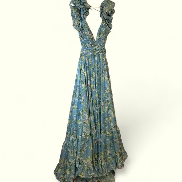 Mac Duggal Dresses & Skirts - Mac Duggal Ruffle Tiered Floral Cut-out Chiffon Blue floral gown size 12 stunner